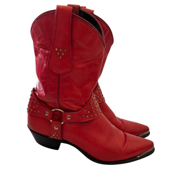 Wrangler Red Leather Studded Cowboy Hippie Boho Western Biker Boots 7.5M 80s 90s - Picture 1 of 12